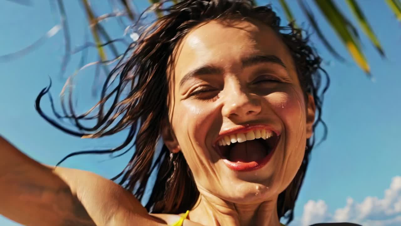 Low-angle shot of a joyful woman with wet hair under palm leaves, capturing a carefree summer vibe