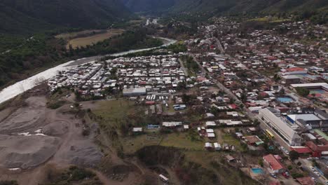 aerial view of a town in a mountain valley with a river