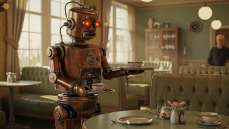 a steampunk robot serves tea in a cozy café setting, showcasing intricate details of its design and warm ambiance of the room filled with vintage decor