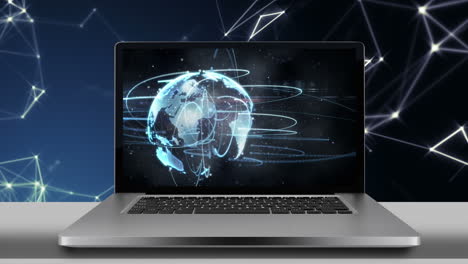 digital globe and network connections animation over laptop screen