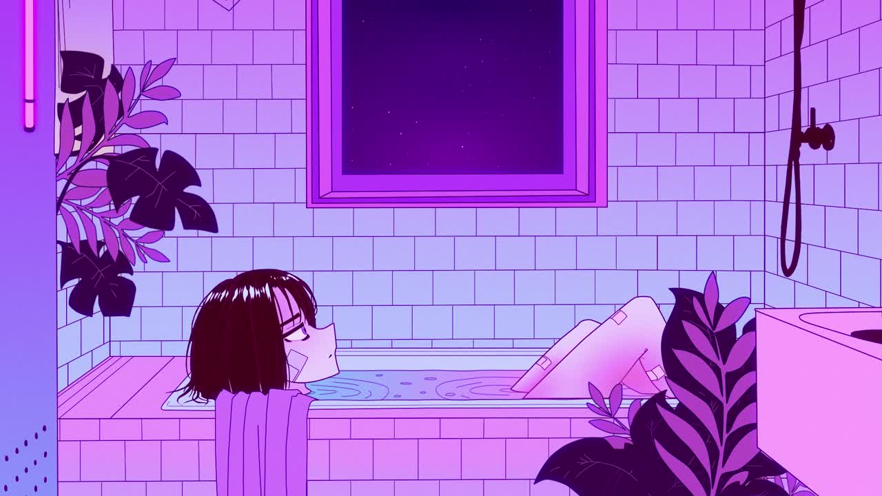 animación 2d, chica anime toma un baño relajante después de un día duro