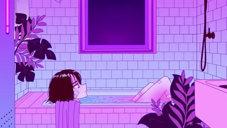 2d-animation, anime-mädchen nimmt nach einem anstrengenden tag ein entspannendes bad