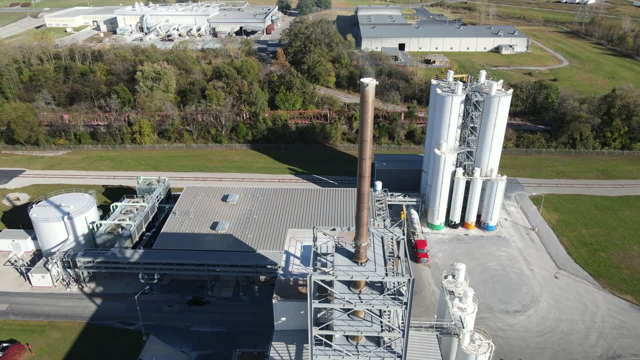 Aerial view of a factory smokestack