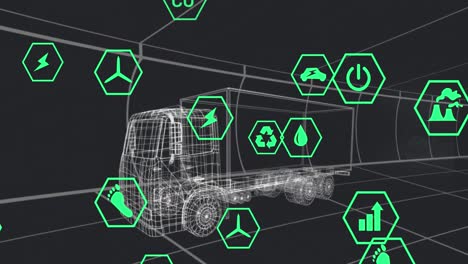 Animation-Von-Symbolen,-Die-Statusdaten-über-Einem-3D-Lkw-Modell-Verarbeiten,-Das-Sich-Auf-Schwarzem-Hintergrund-Bewegt