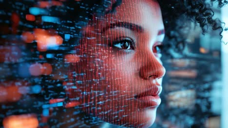 close-up angle of a woman's face with digital code overlay, blending technology and human elements