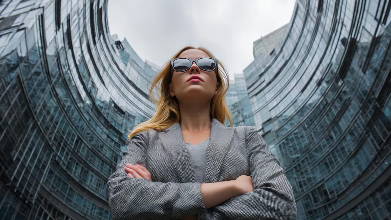 Empowered Woman in Urban Setting: A Confident Female Professional Stands Proudly with Arms Crossed, Framed by Modern Glass Architecture Under a Cloudy Sky