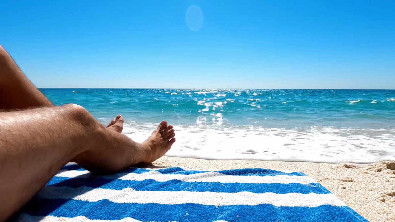 Relaxing Moment on the Beach: Enjoying the Waves and Sunshine While Lounging on a Soft Towel Against a Beautiful Seaside Backdrop