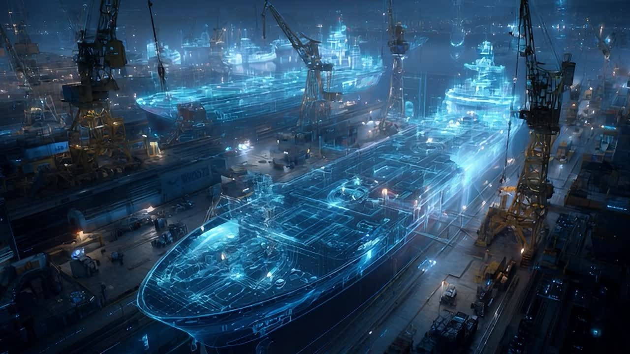 Processo di costruzione navale high-tech in un moderno cantiere navale durante la notte