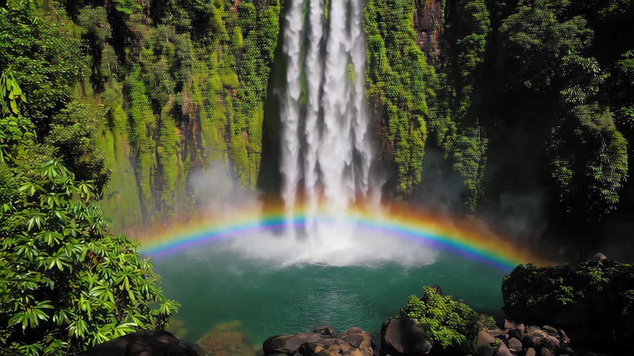 Rainbow Waterfall in a Lush Jungle