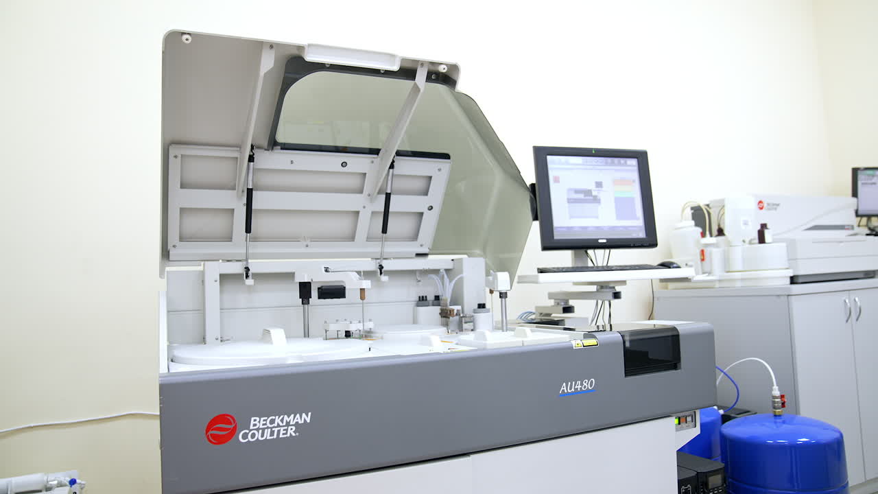 Biomedical testing equipment working in the modern laboratory. Innovative complex of apparatuses and devices performing analysis.