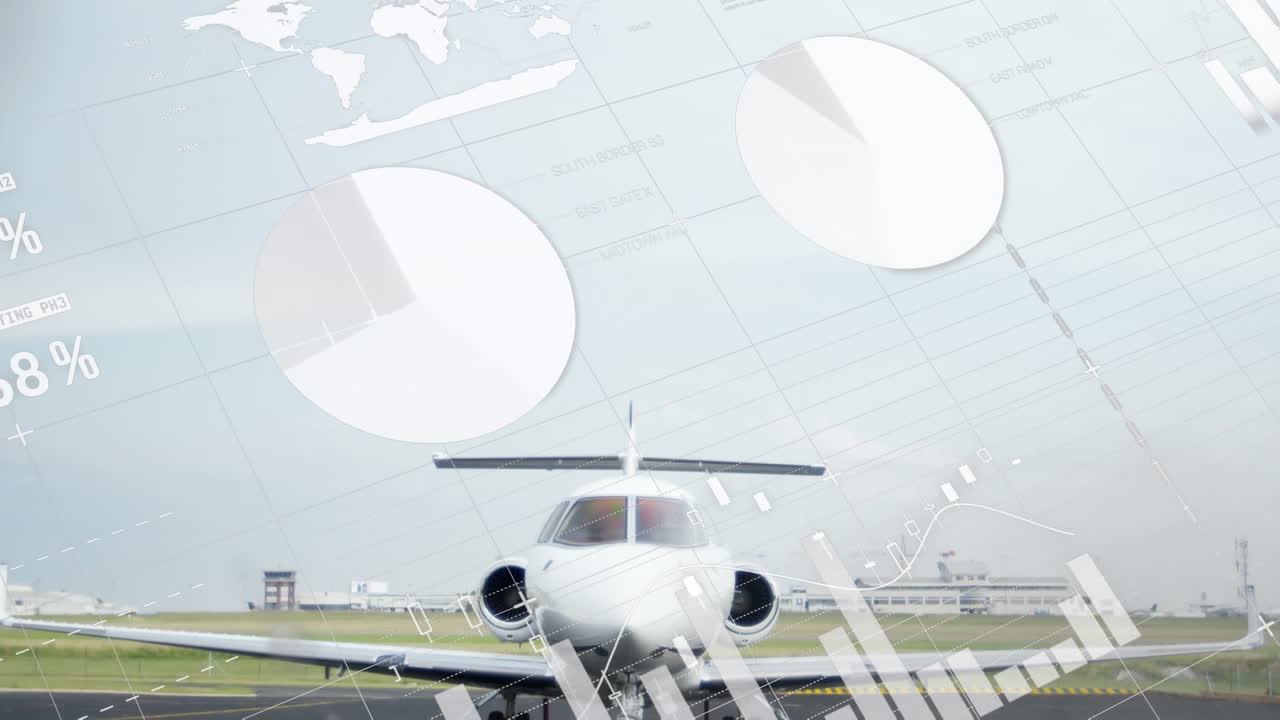 анимация обработки финансовых данных над самолетом