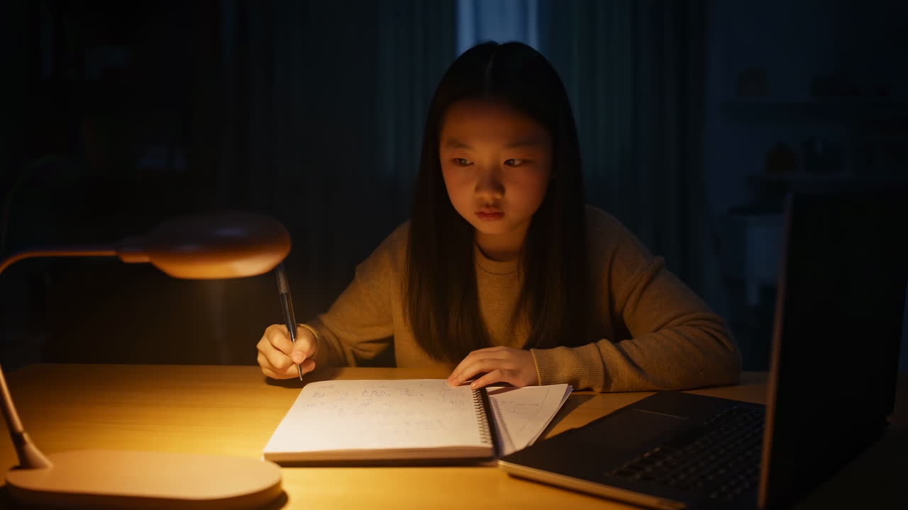 机で勉強するアジア人の少女。温かいランプが広げられたノートとラップトップを照らし、集中してメモを取っている。