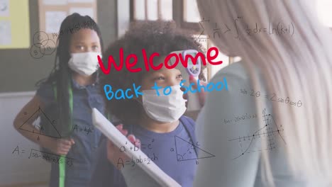 Animation-of-words-welcome-back-to-school-over-kids-having-their-temperature-checked