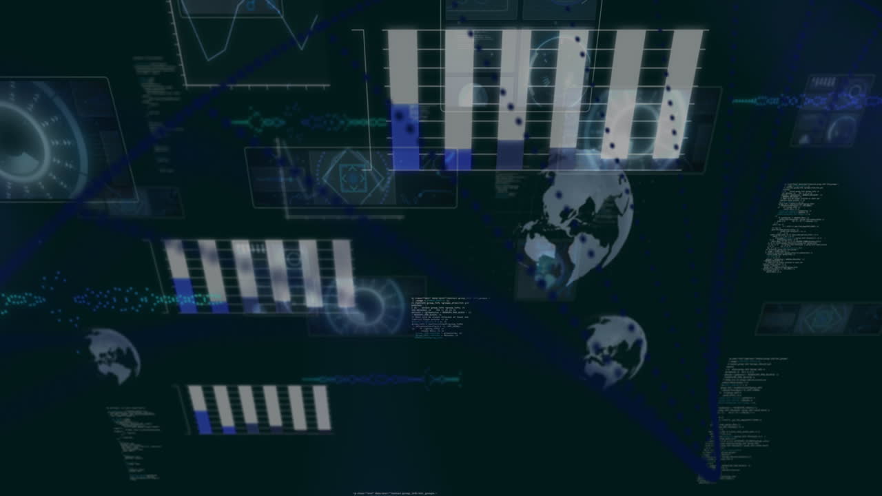 스캐닝 서클, 그래프, 글로브 및 프로그래밍 언어로 움직이는 화면의 애니메이션