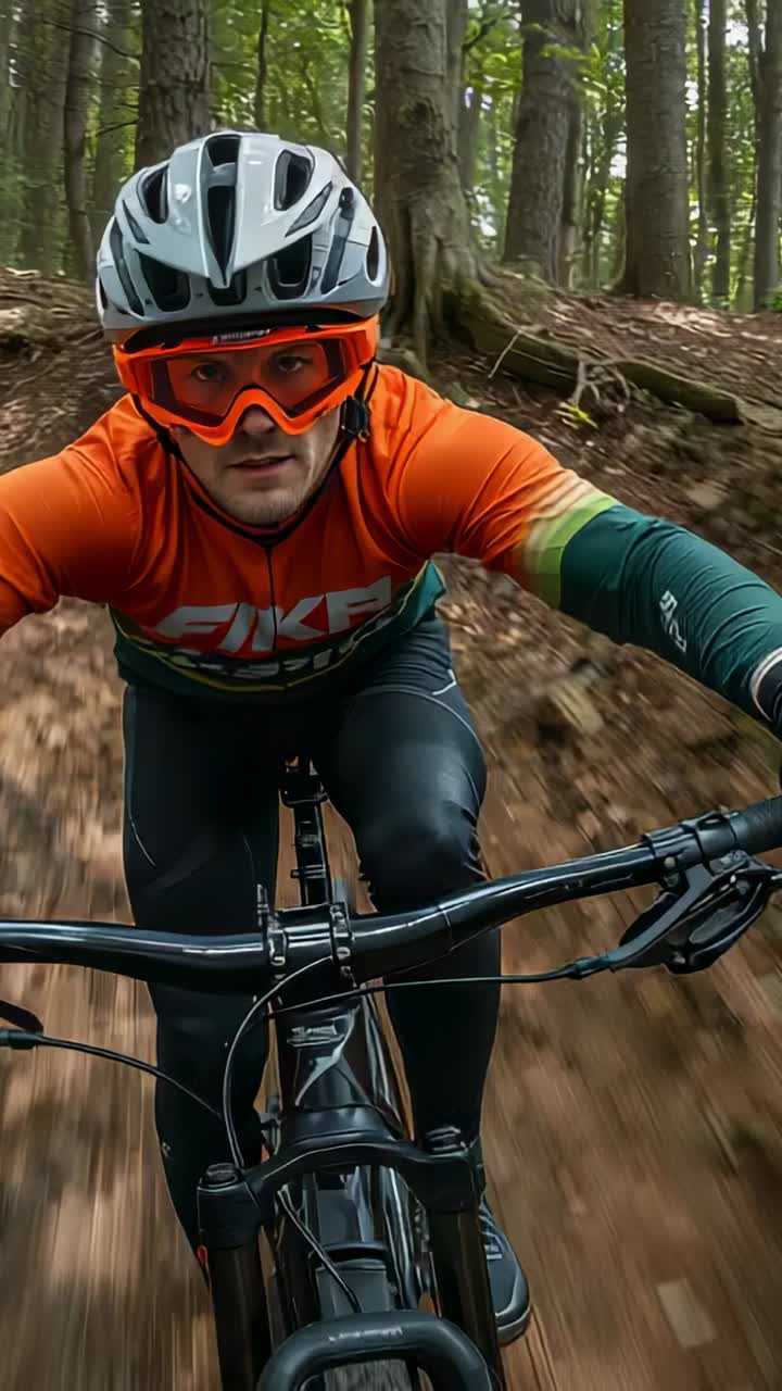Vertical video: Approaching berm, male cyclist riding MTB in white helmet, navigating forest trail