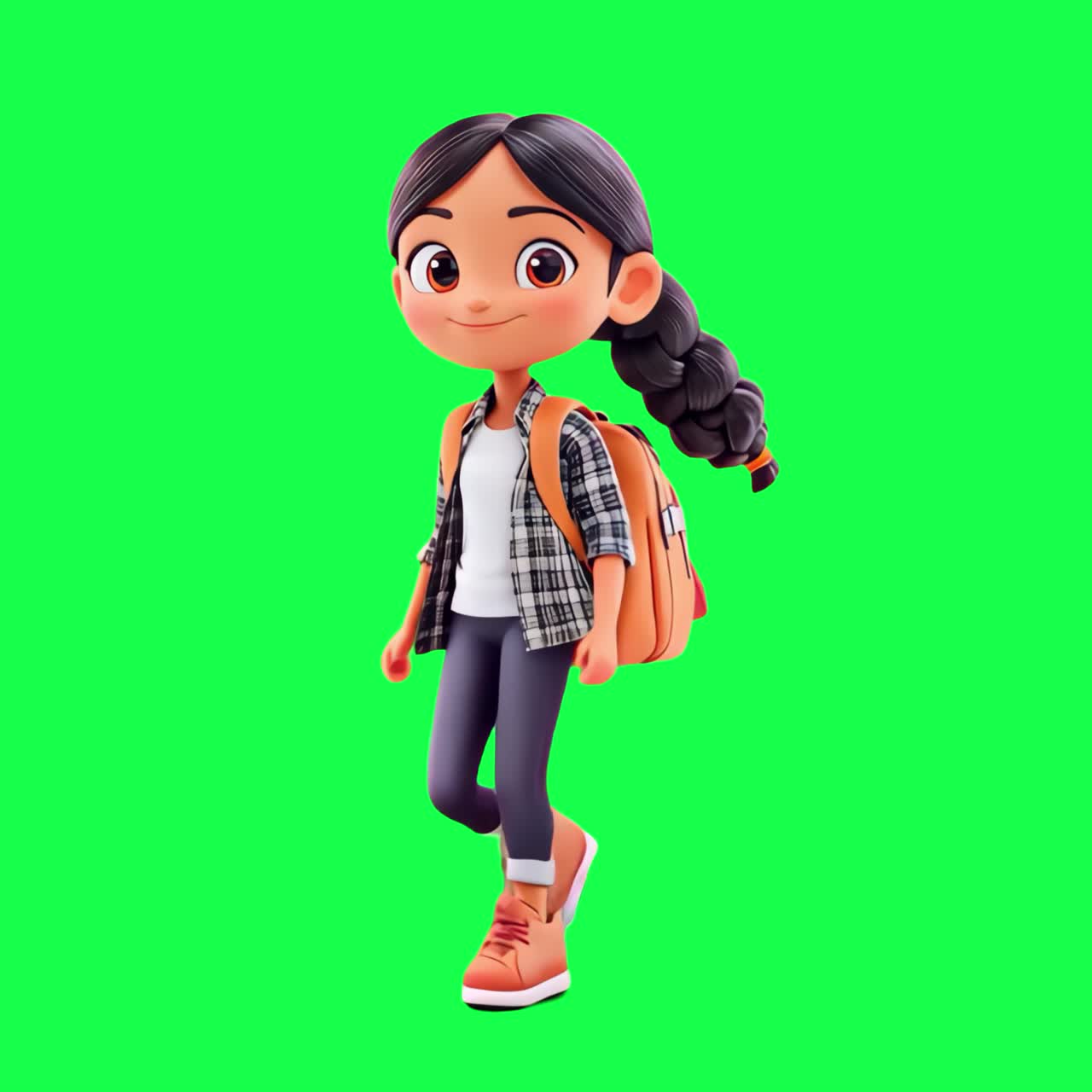 3D cartoon girl with backpack animation, transparent 4K video, green screen