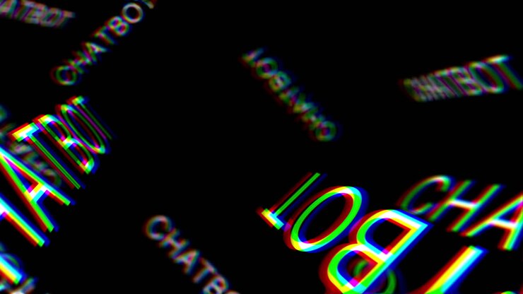 CHATBOT Fly Through 3D Text Keyword Animation. Abstract Concept with Black Background. RGB Chromatic Aberration