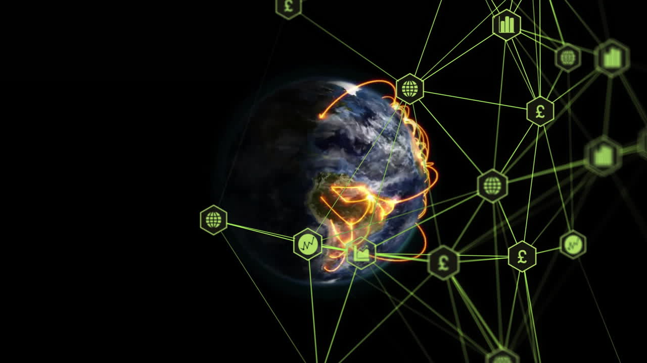 Animation of global currency symbols connected with glowing network lines over Earth