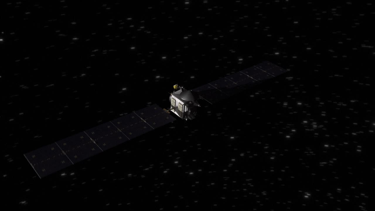 High quality and very detailed CGI render of a fast flyby shot of the space probe Dawn in deep space on its mission to the giant asteroid Vesta