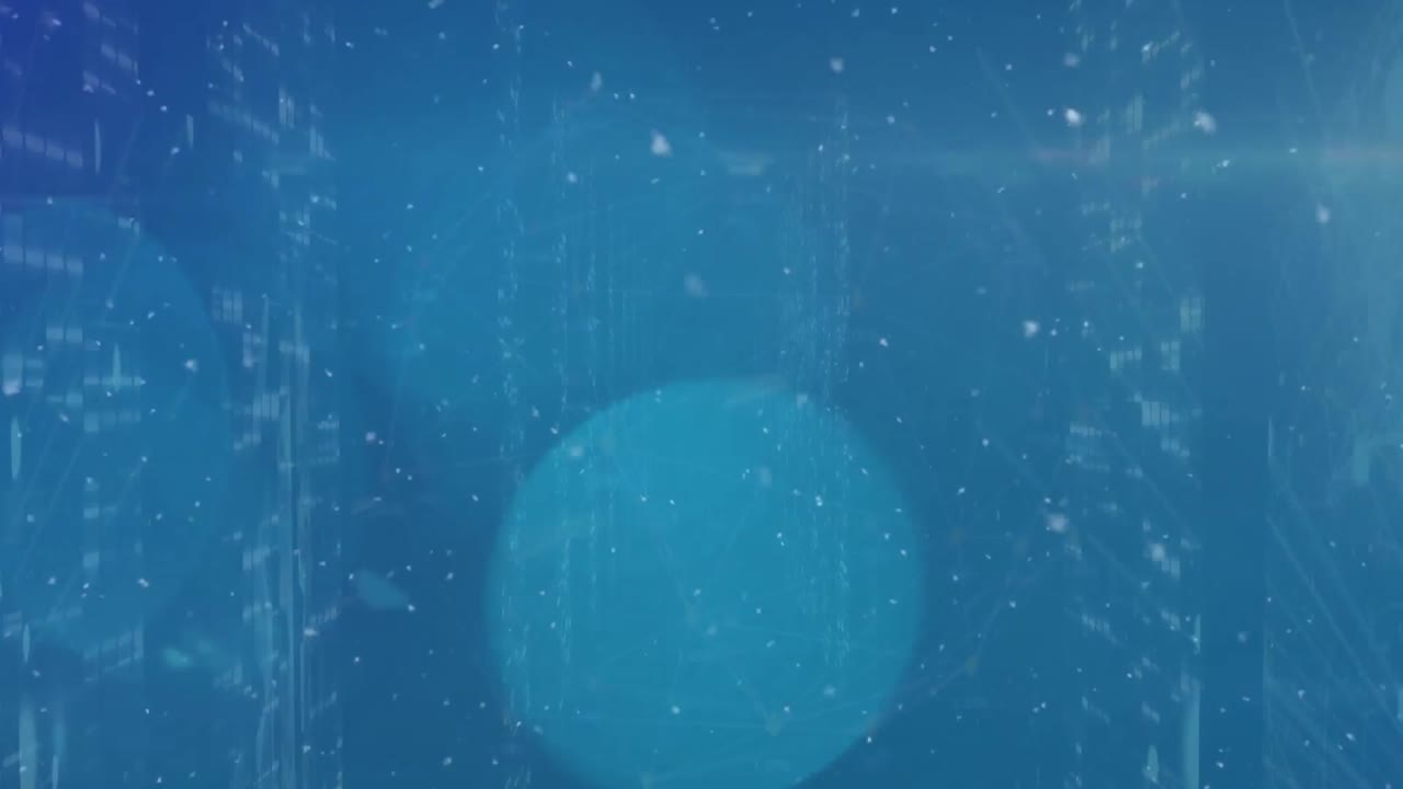 파란색 바탕에 모자이크 사각형과 빛의 반점의 스크린 위에 색 입자의 애니메이션.