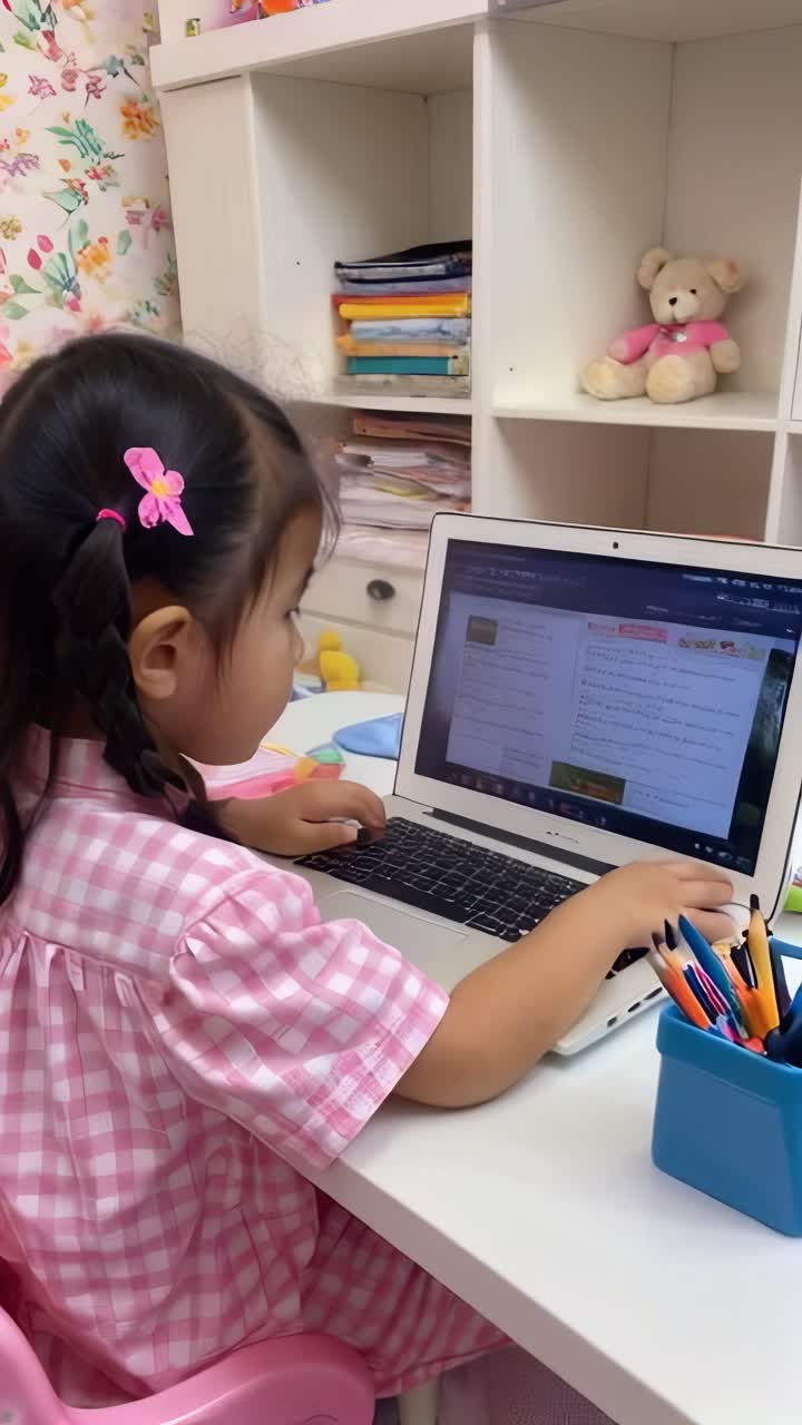 A young girl is sitting at a desk with a laptop and a notebook, girl doing homework