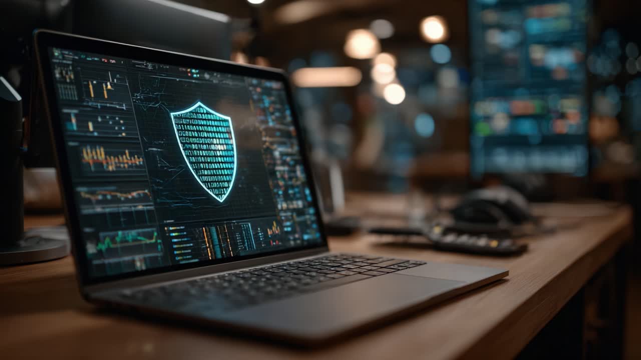 Analyzing Data Security: A High-Tech Laptop Displaying Advanced Cybersecurity Measures with Digital Graphics and Analytical Charts in a Modern Workspace