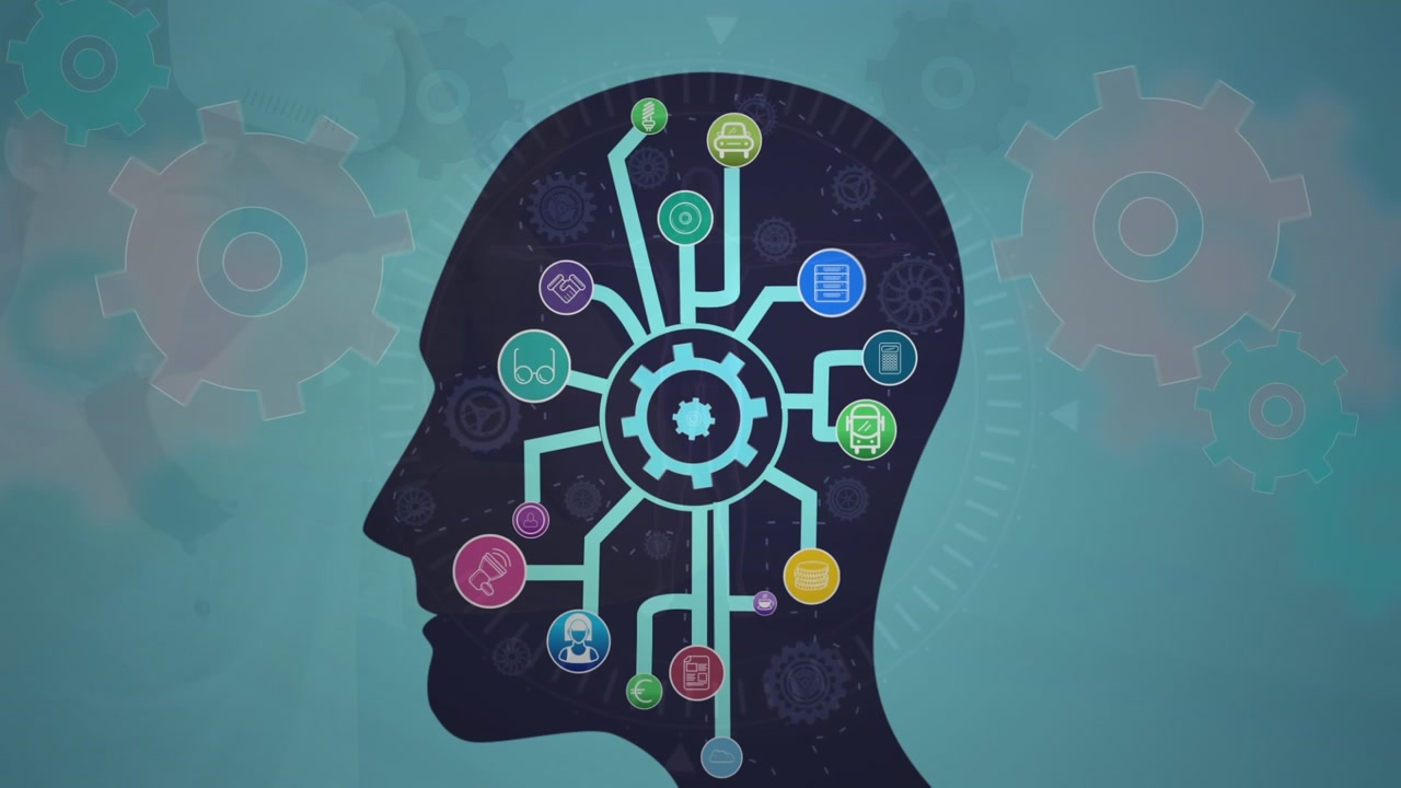 Animation of human head models with gear and icons on green background with gears