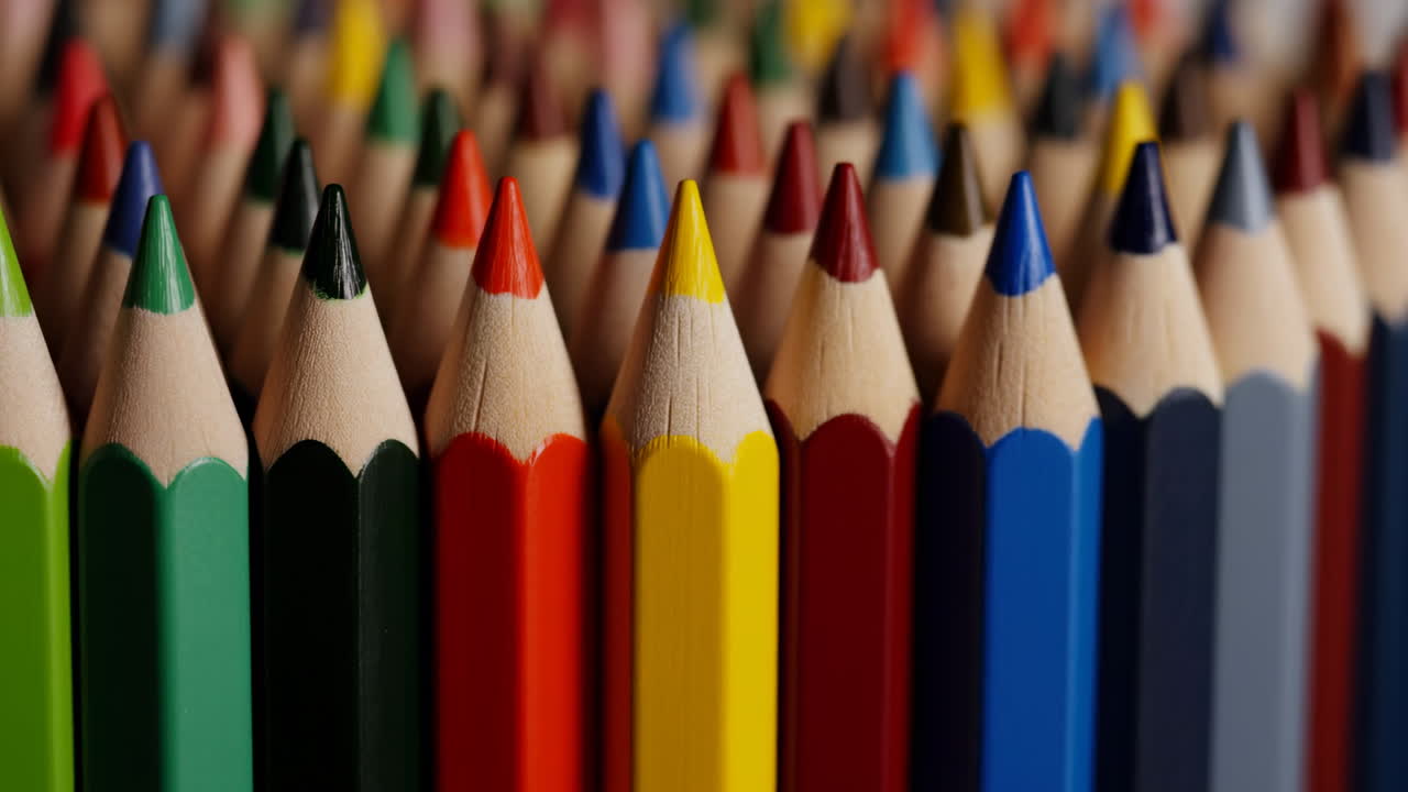 Primo piano di molte matite dai colori vivaci disposte in file.