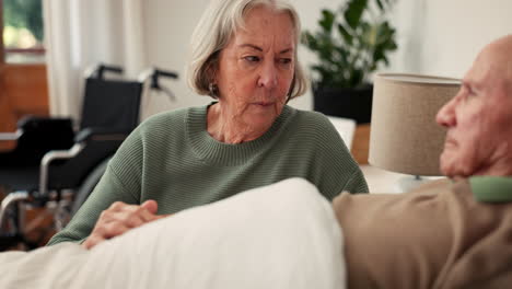 bed, kiss and senior couple care for support