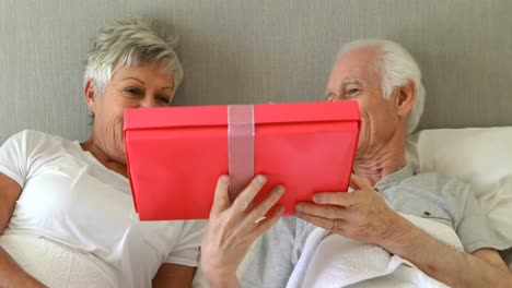 senior man giving a surprise gift to woman in the bedroom