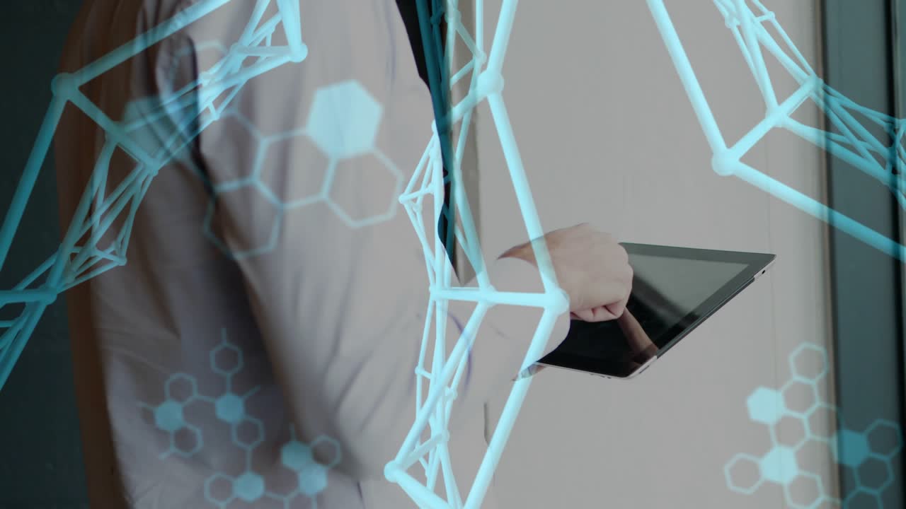 Man tapping tablet causing AR frame code and molecule models, analyzing tech data gazing out window