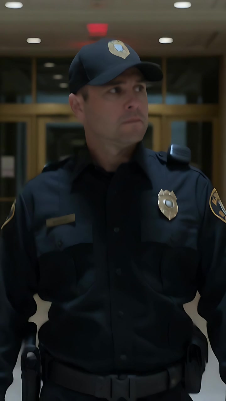 Vertical video: Walking guard in uniform prompted by shift, pausing, scanning reception for safety
