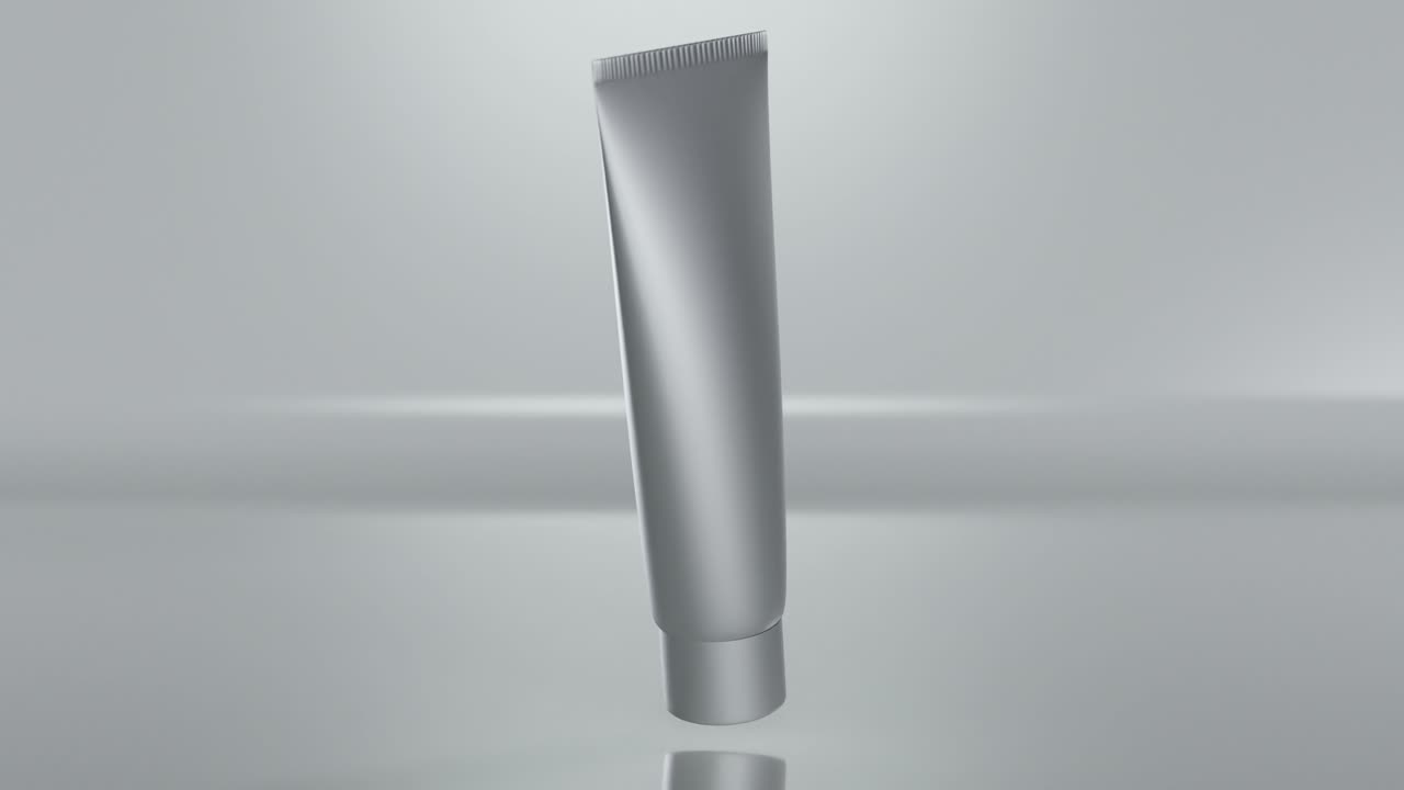 animación de bucle de tubo de plástico para crema, paquete blanco cosmético, gel, loción, exfoliante, tónico, pasta de dientes, cuidado del cuerpo. botella modelo en fondo gris gira lentamente en el aire, canal alfa, renderizado en 3d