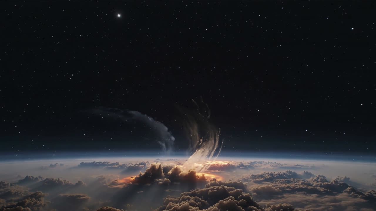 Luce solare che illumina un'esplosione luminosa, inviando un pennacchio contorto sopra le nuvole vicino al bordo, mostrando il pianeta.