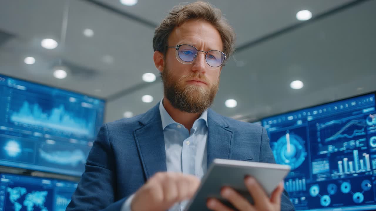 Fokusert profesjonell som analyserer datainnsikt på digitalt nettbrett i et moderne kontormiljø med høyteknologiske skjermer og grafer vist i bakgrunnen