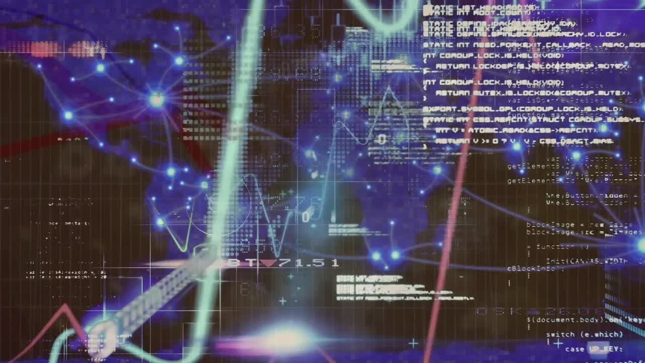 파란색 세계지도와 검은색 배경 위에 그래프와 금융 데이터의 애니메이션