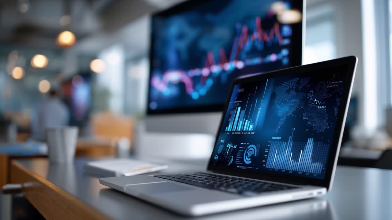 Uno spazio di lavoro moderno con un laptop che mostra dati analitici accanto a un grande monitor che visualizza le tendenze di mercato con grafici vivaci e statistiche.