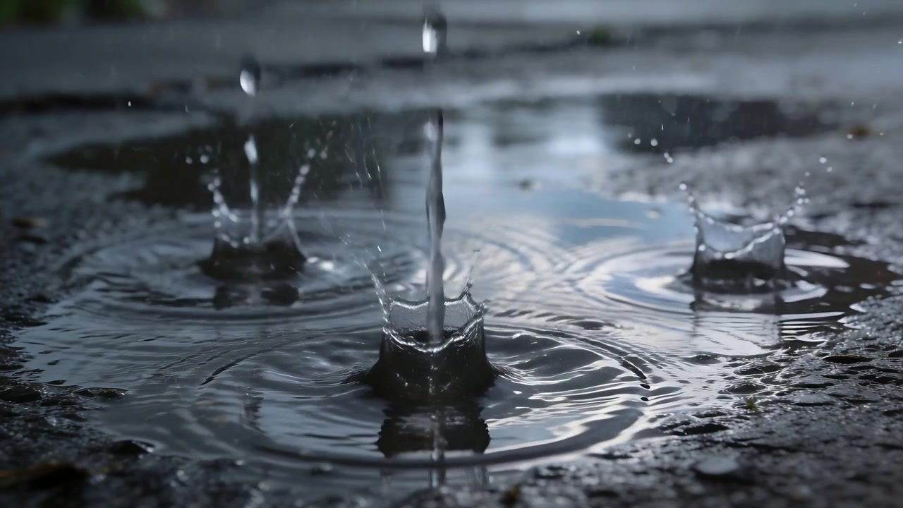 Falling raindrops making crown splashes, water jets, ripples in puddle on asphalt from drizzle