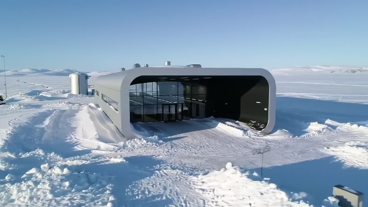 A Stunning Modern Building Surrounded by Pristine Snowy Landscapes, Showcasing Contemporary Architecture with an Innovative Design Set Against an Industrial Winter Backdrop