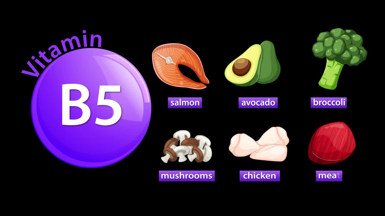 Sequenza animata che mostra le fonti di vitamina B5: salmone, avocado, broccoli, funghi, pollo e carne