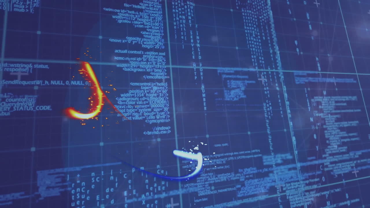 Animation of financial data processing and glowing light trails