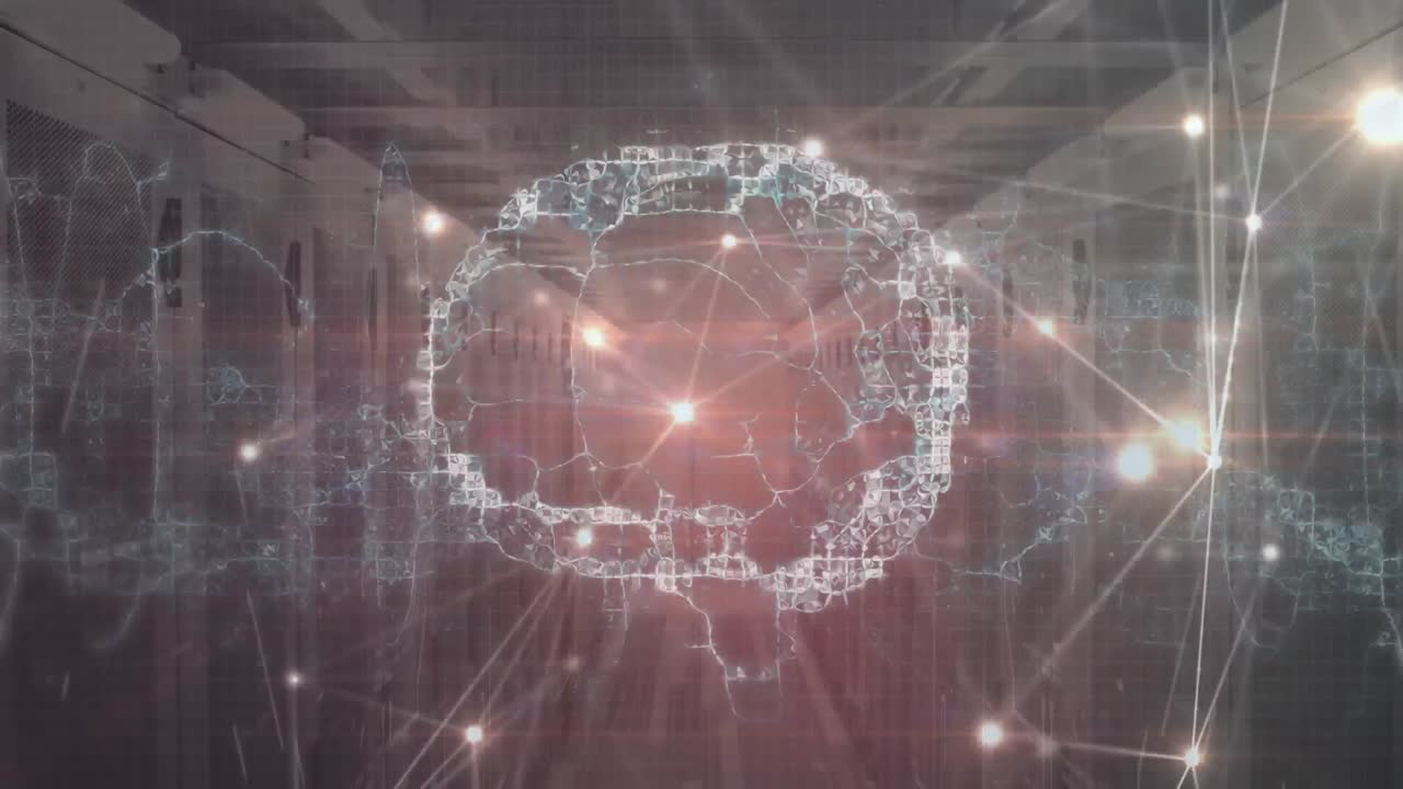 Animazione di cervello digitale e reti di connessioni su sala server