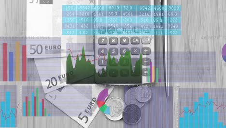 animation of financial data processing over calculator, euro currency bills and coins