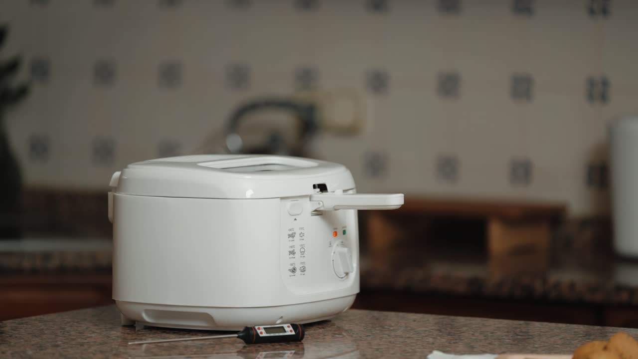 Cuociriso elettrico bianco appoggiato sul piano di lavoro della cucina al chiuso