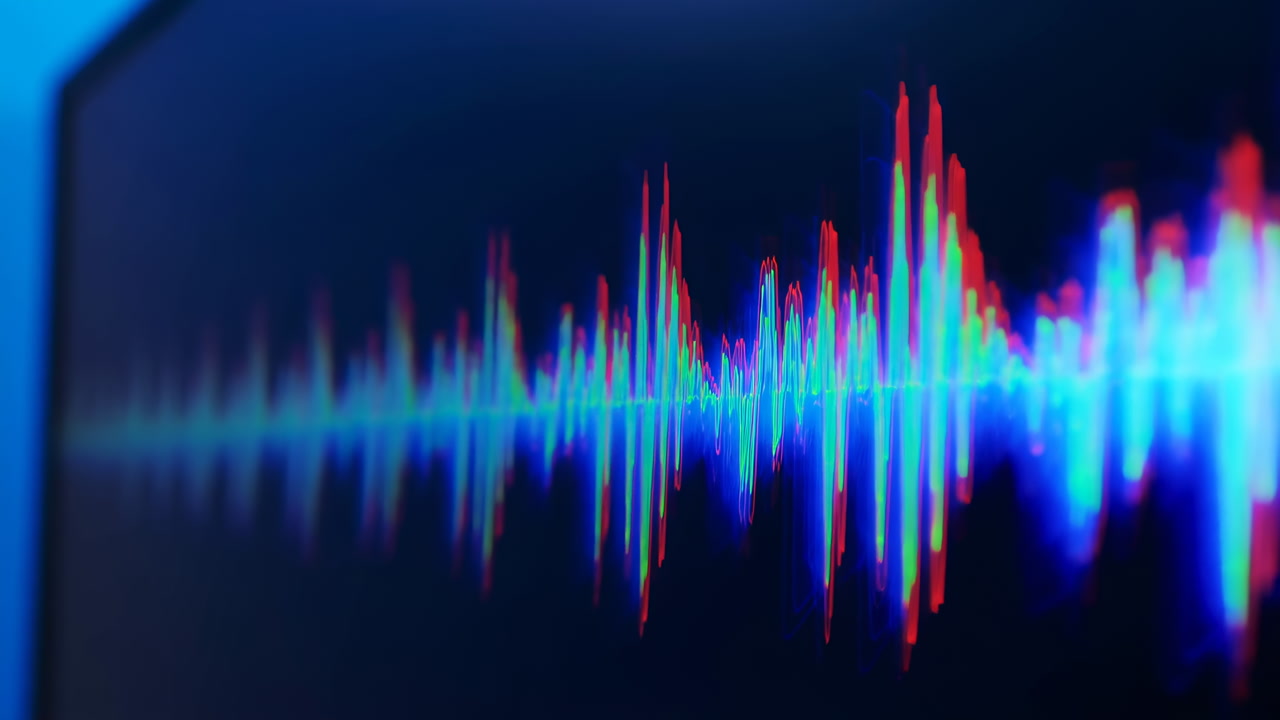 Neon Audio Waveform On Monitor Display, Pulsing Multicolor Peaks And Troughs With Subtle Chromatic Glitch,
