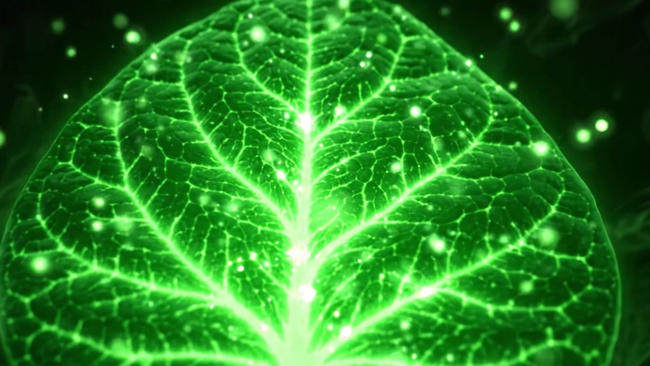 Foglia luminosa e accattivante: una splendida dimostrazione dei complessi motivi della natura e delle luminose tonalità di verde su uno sfondo mistico.