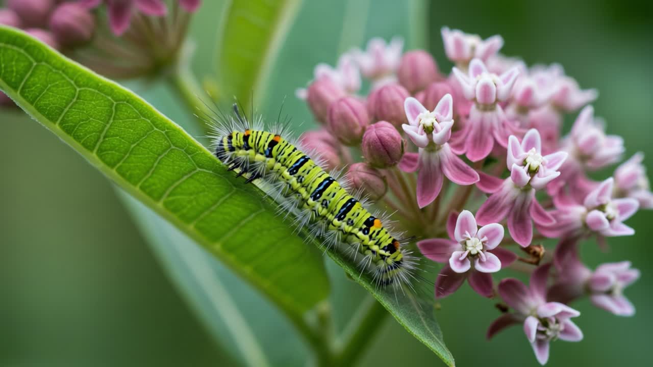 A Vibrant Caterpillar Camouflaged Among Blossoming Pink Flowers on a Green Leaf, Showcasing the Beauty of Nature and Insect Life in a Calm Garden Setting
