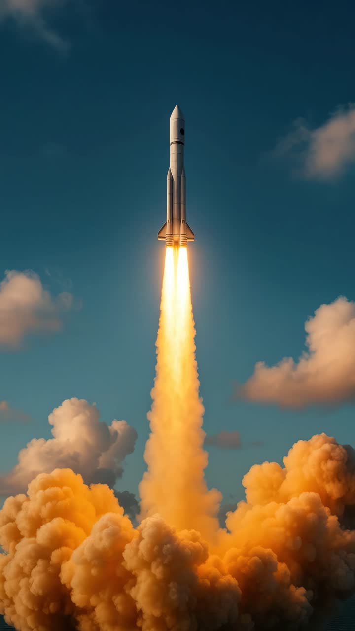 A dramatic low-angle shot of a rocket launching into a clear sky, capturing the power and excitement