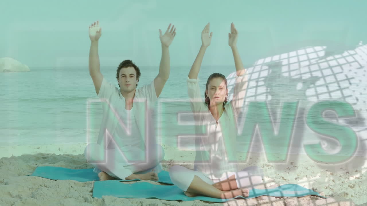 해변에서 요가를 연습하는 사람들, 뉴스 텍스트 애니메이션 오버레이