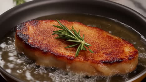steak frying in a pan with rosemary